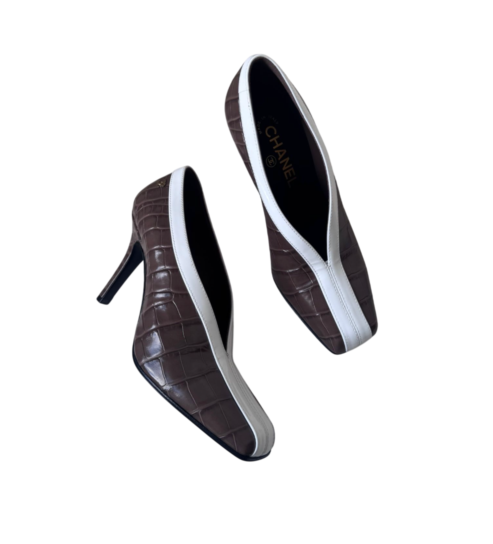 Chanel SS26 Taupe Grey/White Croc Effect Heels 37