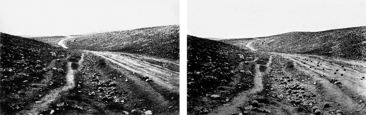 由芬頓拍攝的布滿炮彈、備受爭議的照片《死蔭幽谷》（左：路旁，右：路上），麥田出版提供