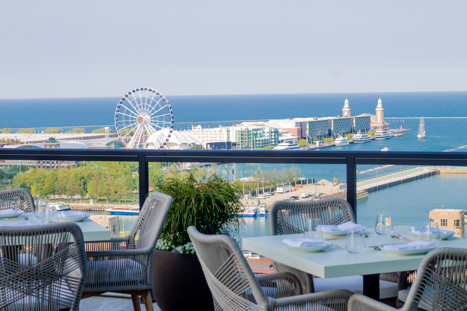 The Miru terrace, overlooking Lake Michigan, the Chicago river and Navy Pier. The Ferris Wheel is in view.