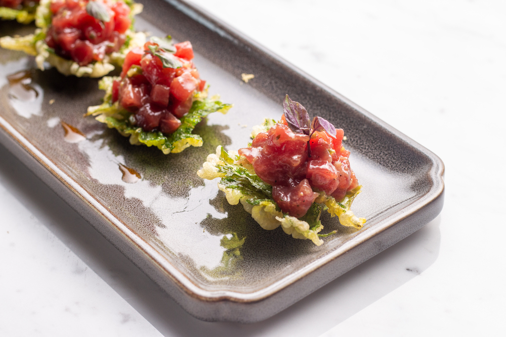 Bluefin Tuna on Crispy Shiso, Sesame Vinaigrette at Miru Restaurant.