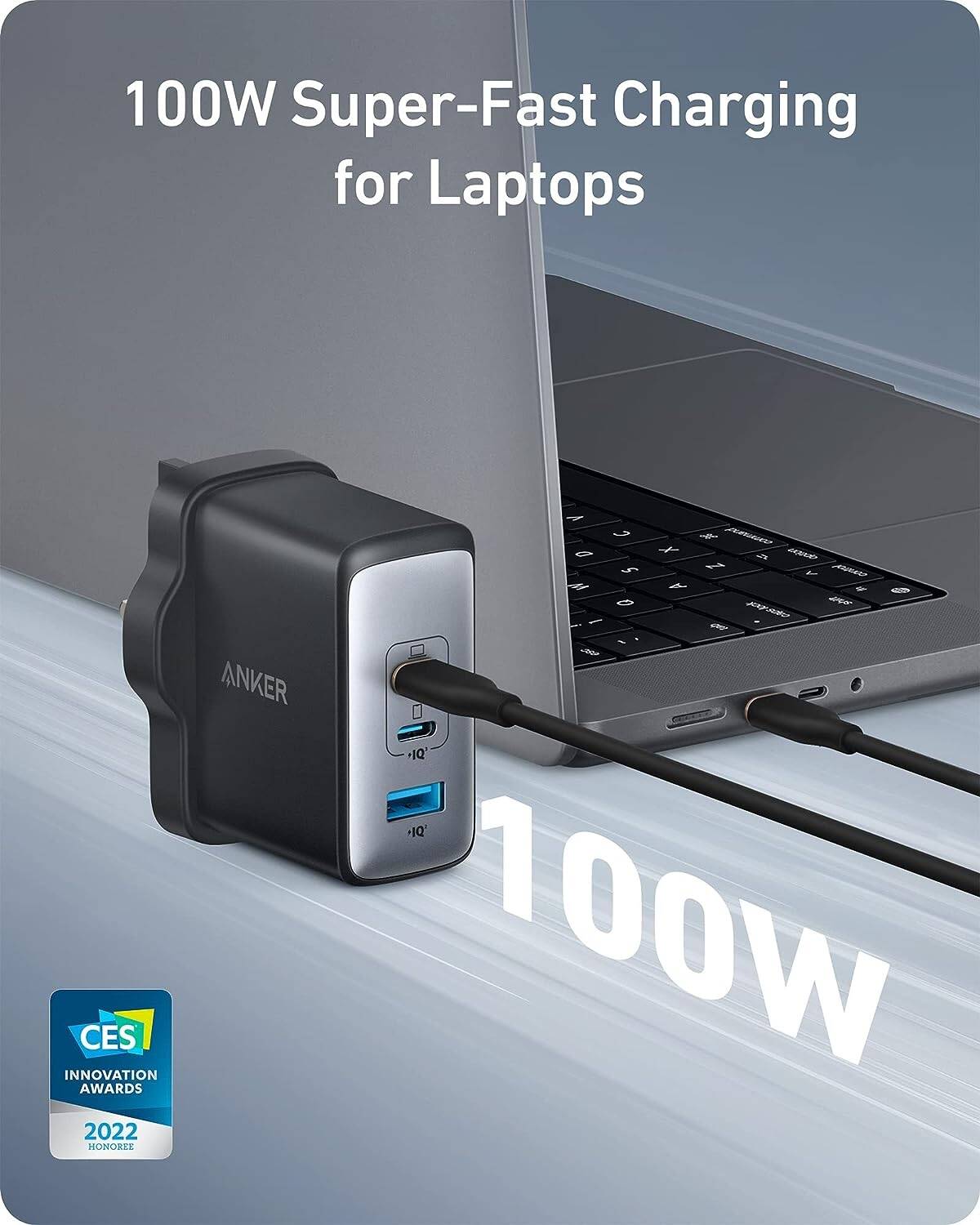 Anker 736 Nano II 100W USB-C Charger, GaN II Technology, 3-Port Fast Compact Charger for MacBook Pro/Air, iPhone 14 Pro Max/14/13, ThinkPad, Dell XPS, iPad / iPhone, Galaxy S22, Black | A2145212 thumbnail 2