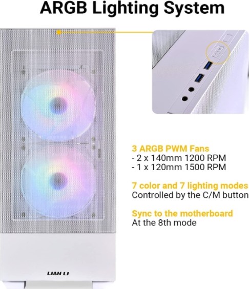 Lian Li Lancool 205 Mesh Airflow ATX PC Case, Tower Chassis, Tempered Glass Side Panel, 165mm PSU, 120mm PWM Fan, USB 3.0, Water Cooling Ready, White | G99.OE764W.00 thumbnail 3