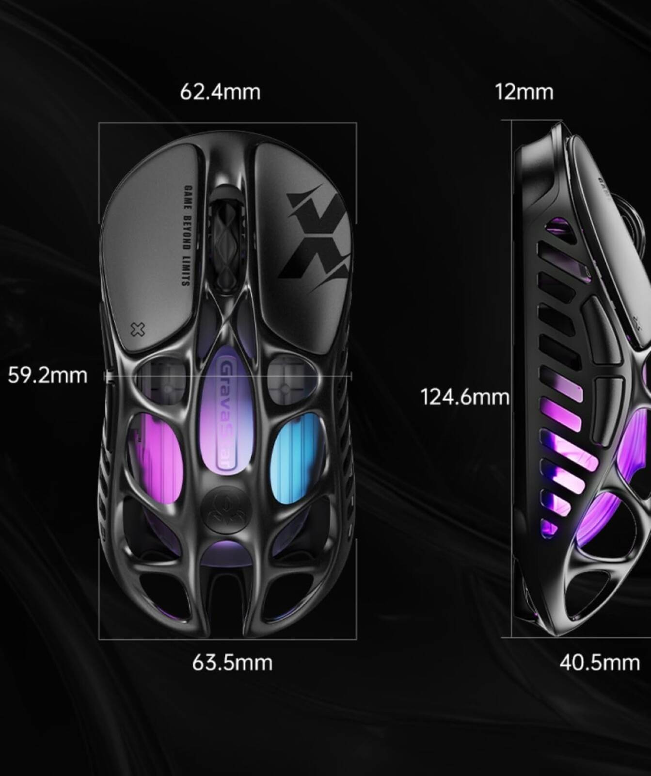 GravaStar Mercury X Wireless Gaming Mouse, 32,000 DPI PAW 3950 Sensor, 1000Hz Polling Rate, Only 49g, Magnesium Alloy Hollow Frame, RGB Lighting, 5 Programmable Buttons, Galaxy Black | Mercury X thumbnail 7
