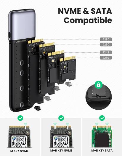 Ugreen USB-C To M.2 NVME SATA SSD Enclosure, Super Speed Transmission, USB 3.1 10 Gbps, Support SSD Size 2230 / 2242 / 2260 / 2280, Windows and Mac OS Compatible, Gray | 80863 thumbnail 7