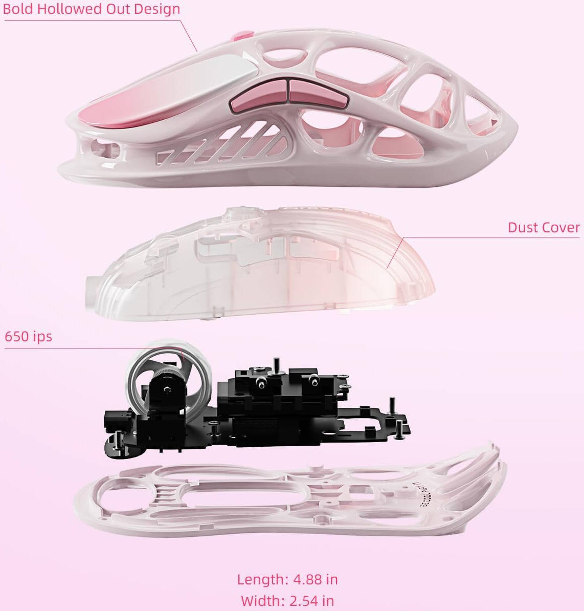 GravaStar Mercury M1 Pro Special Edition Wireless Mouse, 26000 DPI, 650 IPS Acceleration, PAW3395DM Sensor, 5 Programmable Buttons, Support Wired/2.4GHz/BT, Sakura Pink | M1-PRO-SE thumbnail 2