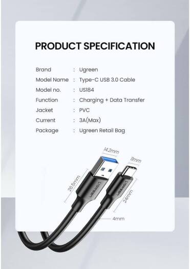 UGREEN USB 3.0 Type A Male To Type C Male Cable, 2M Nickel Plated, Data Transfer And Charging Support, Up To 5Gbps Speed And 3A Charging, Black | 20884 thumbnail 5