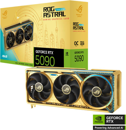 ASUS ROG Astral GeForce RTX 5090 Dhahab OC Edition Graphics Card, 32GB GDDR7 512-Bit Memory, 2580 MHz Boost Clock, 21760 CUDA Cores, 28 Gbps Memory Speed, Gold | 90YV0LW6-M0NM00 - Image 1
