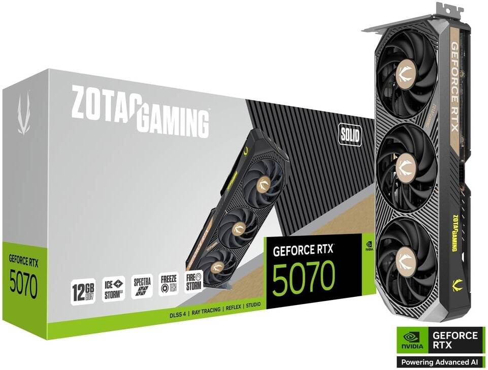 ZOTAC GAMING GeForce RTX 5070 SOLID Graphics Card, 12GB GDDR7 192-Bit Memory, 2512MHz Engine Clock, 28 Gbps Memory Clock, 6144 CUDA Cores, PCI Express 5.0 x16 | ZT-B50700D-10P - Image 1