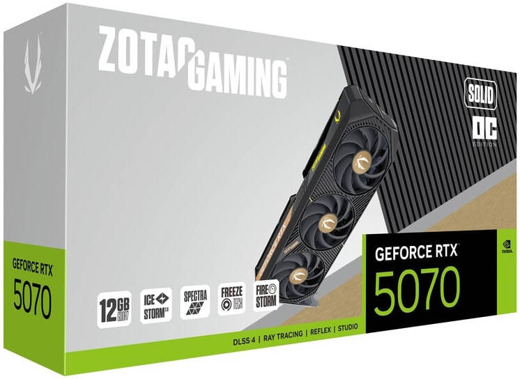 ZOTAC GAMING GeForce RTX 5070 SOLID OC Graphics Card, 12GB GDDR7 192-Bit Memory, 2542 MHz Engine Clock, 28 Gbps Memory Clock, 6144 CUDA Cores, PCI Express 5.0 x16 | ZT-B50700J-10P - Image 1