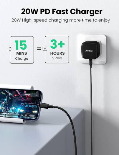 Ugreen USB-C Charger PD iPhone Charger, 20W Power Output, Support Three Fast Charging Protocols, Compact & Portable USB C Charger Plug, Universal Compatibility, Black | 50339-Black thumbnail 7