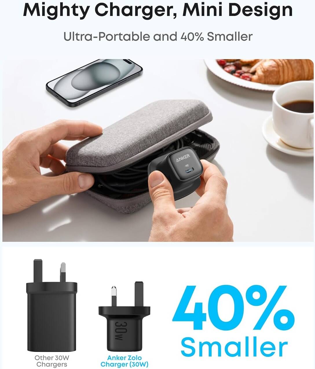 Anker Zolo Compact GaN USB-C Charger, 30W USB-C Plug, Enhanced Temperature Control, Compact Design & 3X Faster Charging, Black | B2698 thumbnail 5