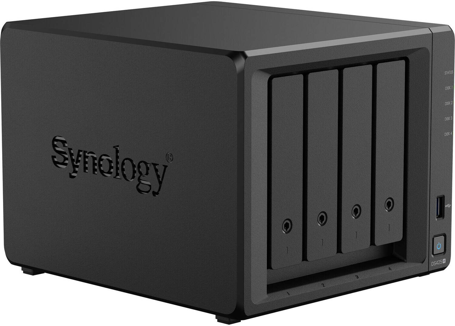 Synology DiskStation DS425+ 4-Drive Bays NAS Server, Intel Celeron J4125, 2GB Memory, 3.5" SATA HDD, 2.5" SATA SSD, M.2 2280 NVMe SSD Drive Types, Hot Swappable, Black | DS425+ - Image 1