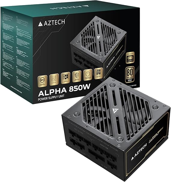 AZTECH ALPHA 850W 80 Plus GOLD ATX 3.1 & PCIe 5.1 Ready Fully Modular Power Supply Ultra‑Quiet Hybrid Fan PSU 120 mm, Japanese 100% 105 °C Caps, ZERO RPM Low noise Control RTX 40 PSU & Ryzen & Intel - Image 1