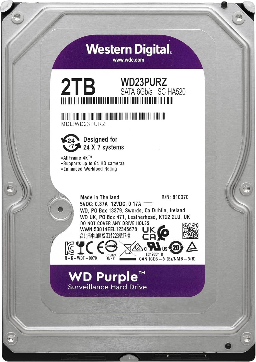 Western Digital 2TB Western Digital Purple Surveillance Internal Hard Drive HDD - SATA 6 Gb/s, 64 MB Cache, 3.5" - WD23PURZ thumbnail 2