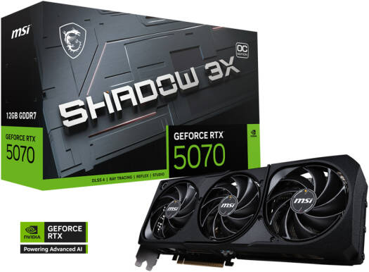 MSI GeForce RTX 5070 12GB SHADOW 3X OC Graphics Card, GDDR7 192-Bit Memory, 2542 MHz Boost Clock, 6144 CUDA Cores, 28 Gbps Memory Speed, PCI Express Gen 5, Black | 912-V532-242