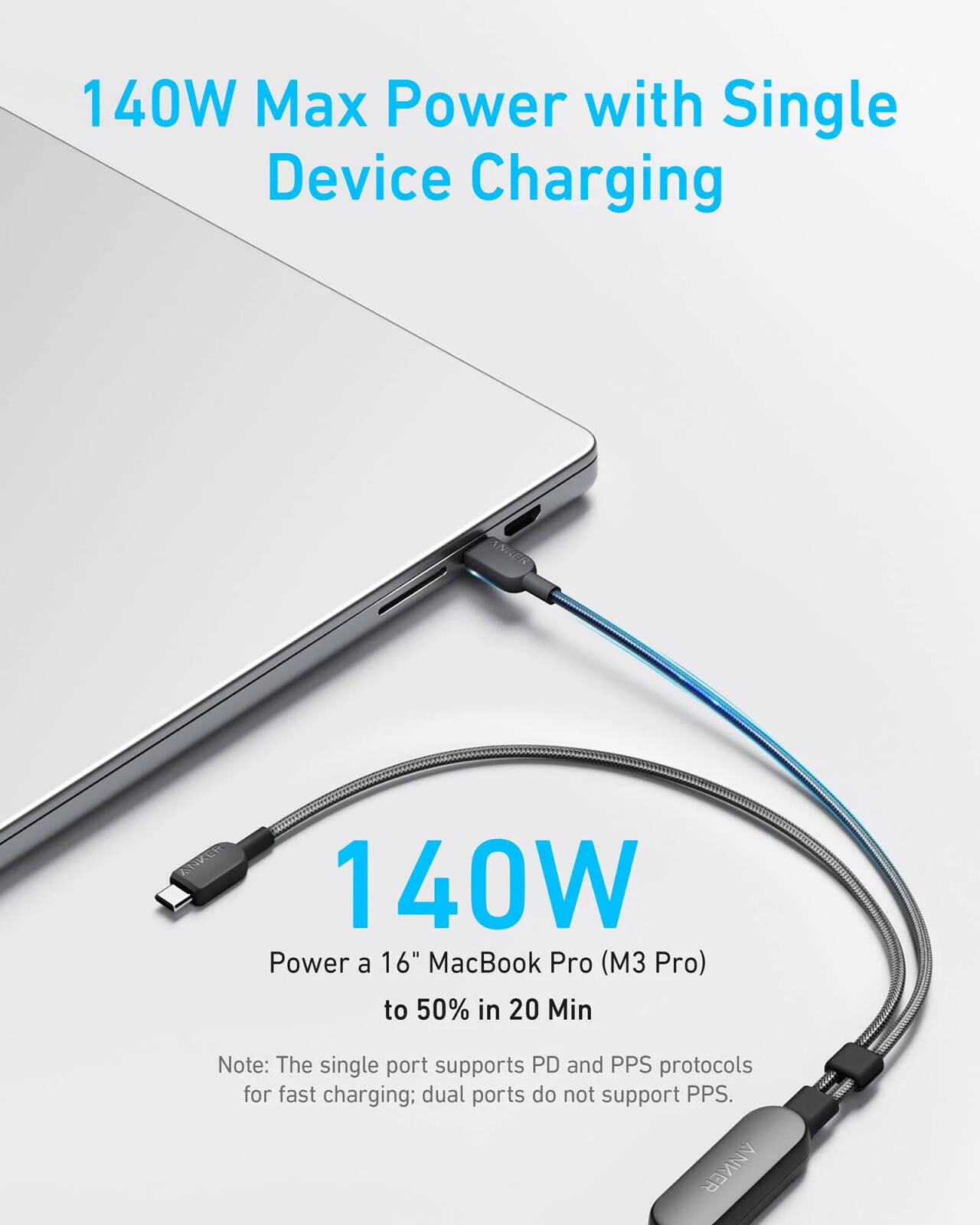 Anker 140W 2-in-1 USB-C to USB-C Cable, 140W Max Charging, Smart Power Management, 480Mbps Data Transfer, 10,000 Bend Resistance, 1.2 Meters (4ft) Cable Length, Black | A8895H12 thumbnail 3