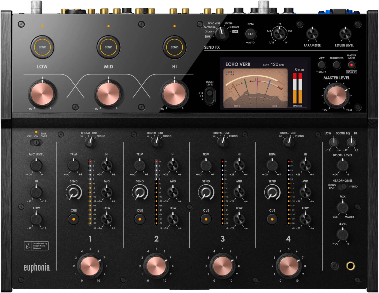 AlphaTheta Euphonia 4 Channel Professional Rotary DJ Mixer Rupert Neve Transformer, 96 kHz DSP, Energy Visualizer, Send/Return FX, Black | Euphonia - Image 1