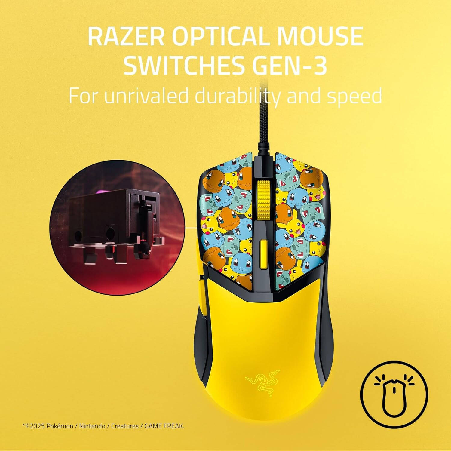 Razer Cobra Pokemon Edition Computer Mouse, 8500 DPI Optical Sensor, 300 IPS Max Speed, Optical Mouse Switches Gen-3, 6 Programmable Buttons, Chroma RGB Lighting, Yellow | RZ01-04650400-R3M1 thumbnail 3