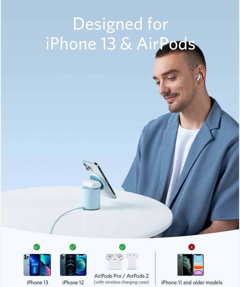 Anker 623 Magnetic Wireless Charger (MagGo), Super-strong Magnets Snap, 7.5W Max Charging for iPhone 12/13, 5W Max Charging for AirPods, Blue | B2568221 thumbnail 3