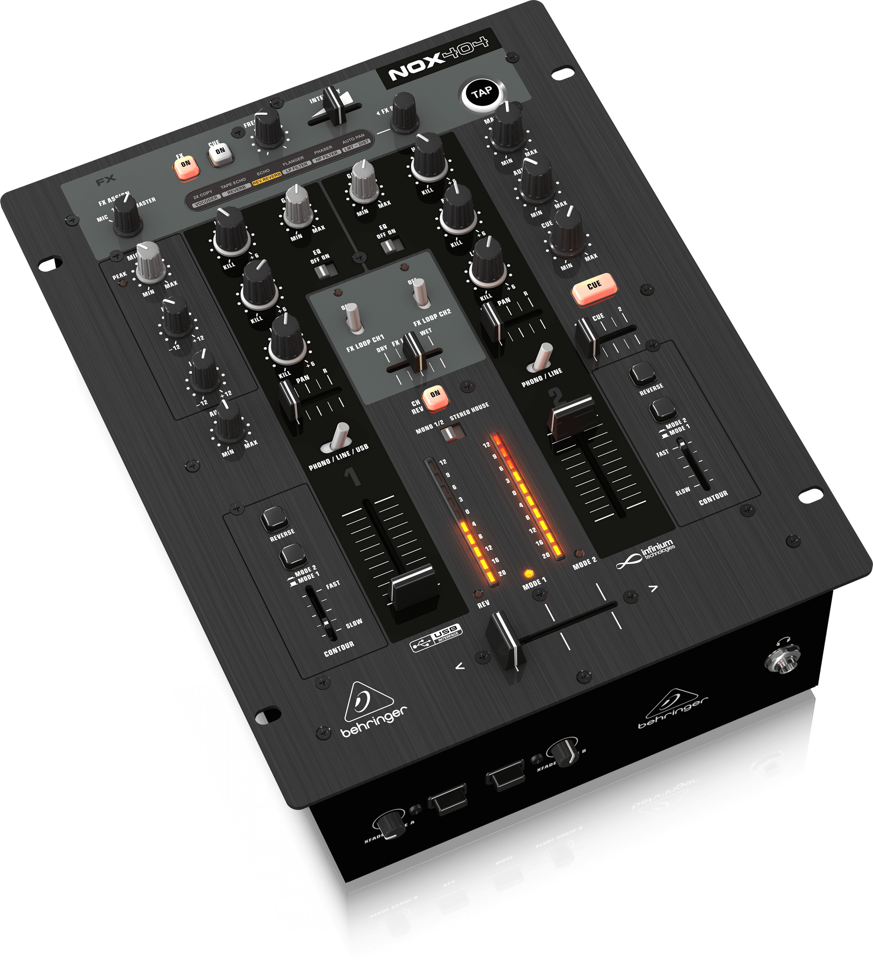 Behringer NOX404 Premium 2-Channel DJ Mixer, 2 Channel Battle DJ Mixer with Infinium Contact Free VCA Crossfader, Beat Syncable FX, Built In USB Audio Interface | NOX404 thumbnail 2