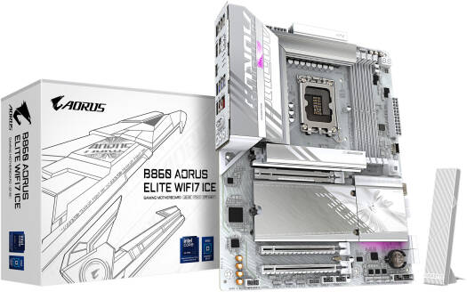 GIGABYTE B860 Aorus Elite Ice LGA 1851 ATX Motherboard, Intel B860 Chipset, 4x DIMM DDR5 Slots, Up to 256GB Max Memory, 1x PCIe 5.0 x16 Slots, 3x M.2 Slots, WiFi & BT, White | B860-A-ELITE-WF7-ICE - Image 1