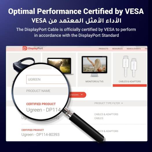 UGREEN Display Port to Display Port, 8k 7680x4320 @ 60Hz Resolution, 32.4Gbps Bandwidth Transmission, G-Sync/FreeSync Support, Nylon Braided Cable SPCC Shell, 1 Meters Cable Length, Black | 80390 thumbnail 4