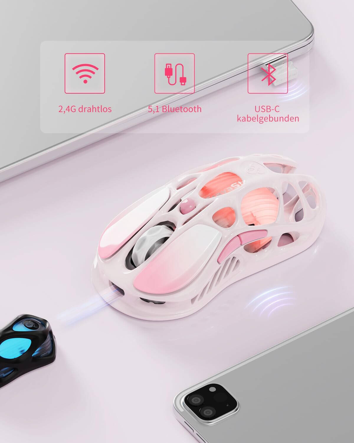GravaStar Mercury M1 Pro Special Edition Wireless Mouse, 26000 DPI, 650 IPS Acceleration, PAW3395DM Sensor, 5 Programmable Buttons, Support Wired/2.4GHz/BT, Sakura Pink | M1-PRO-SE thumbnail 5