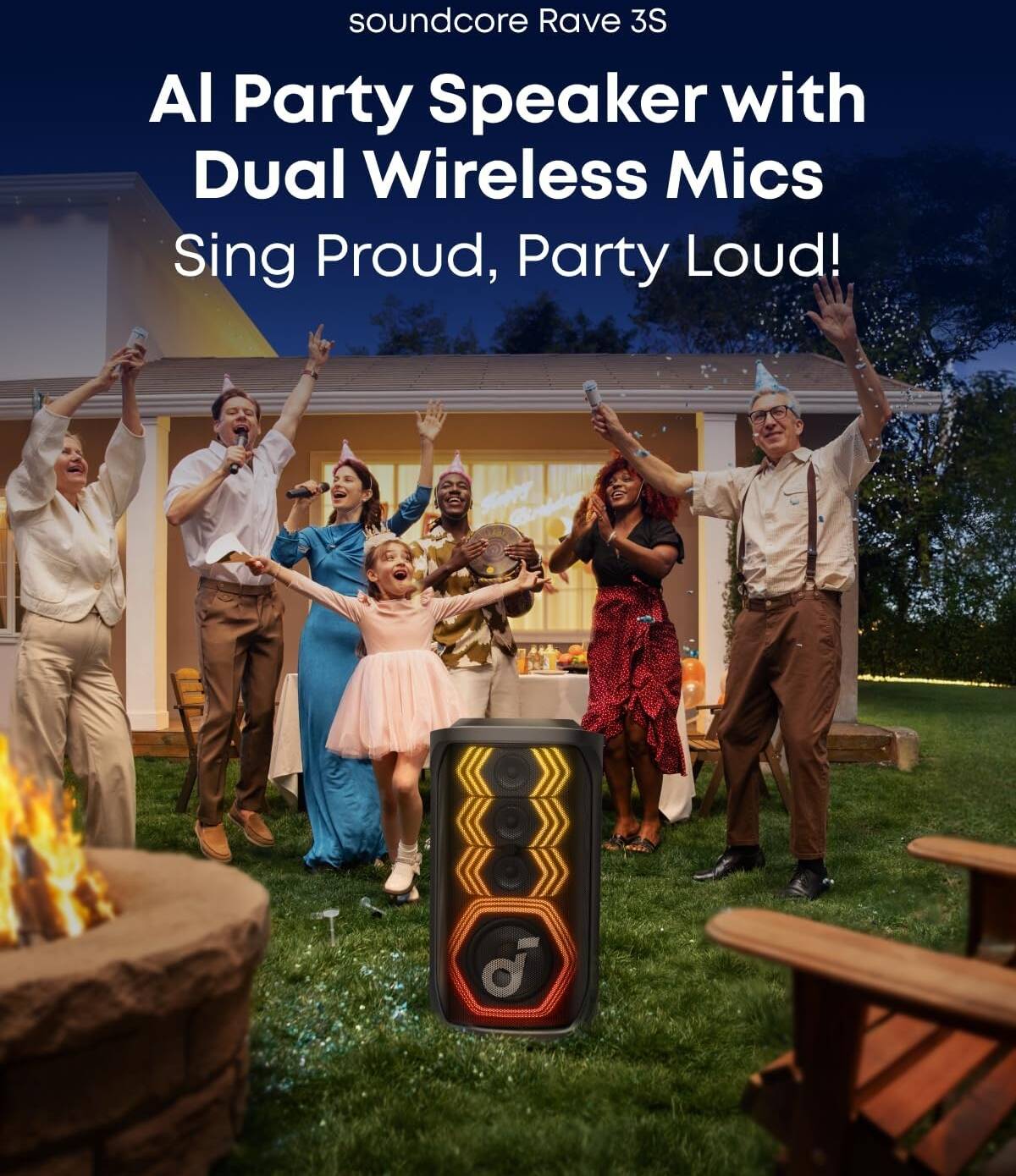 Soundcore Rave 3S Karaoke Party Speaker, 200W 108dB BassUp Sound, 6.5" Woofer + 3 2.5" Drivers, Dual Wireless Mics, AI Vocal Removal, 8-Mode Beat-Synced Lights, 12H Battery | A31A3 thumbnail 4