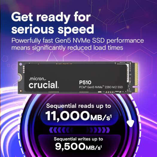 Crucial P510 PCIe Gen5 NVMe M.2 Internal SSD, 2TB Capacity, Up to 10,000 MB/s Sequential Read & 8,700 MB/s Sequential Write, 1200TBW Endurance | CT2000P510SSD8 thumbnail 3
