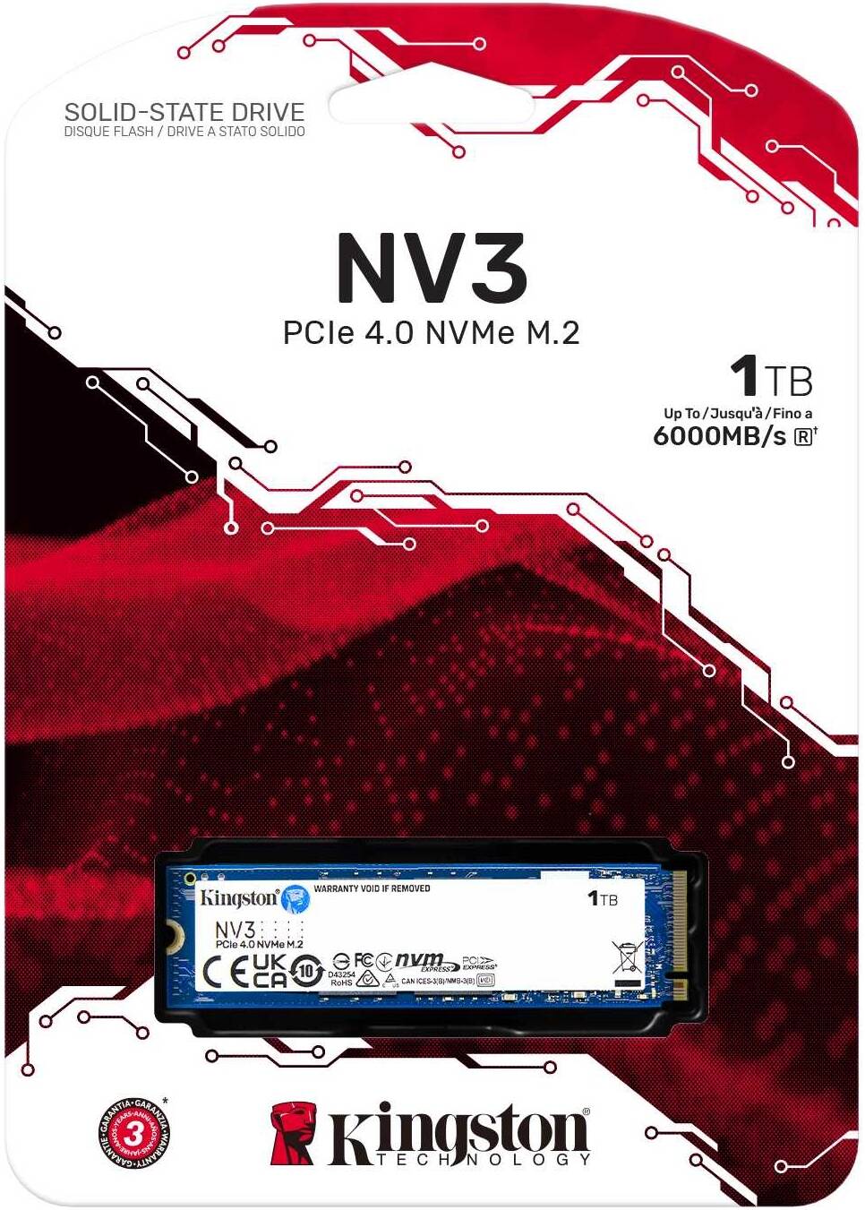 Kingston NV3 PCIe 4.0 NVMe Internal SSD, 1TB Capacity, M.2 2280 Form Factor, 6000 MB/s Sequential Read & 4000 MB/s Sequential Write Speed, 3D NAND Technology, 320 TBW Endurance | SNV3S/1000G - Image 1