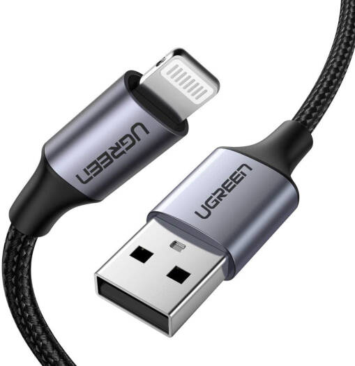 UGREEN USB A to Lighting Cable, MFi Certified, 480Mbps Data Transfer Rate, Max 5V 2.4A Fast Charging, Durable TPE Protection, Nylon Woven Cable, Cable Length, Black, 1m | 60156 - Image 1