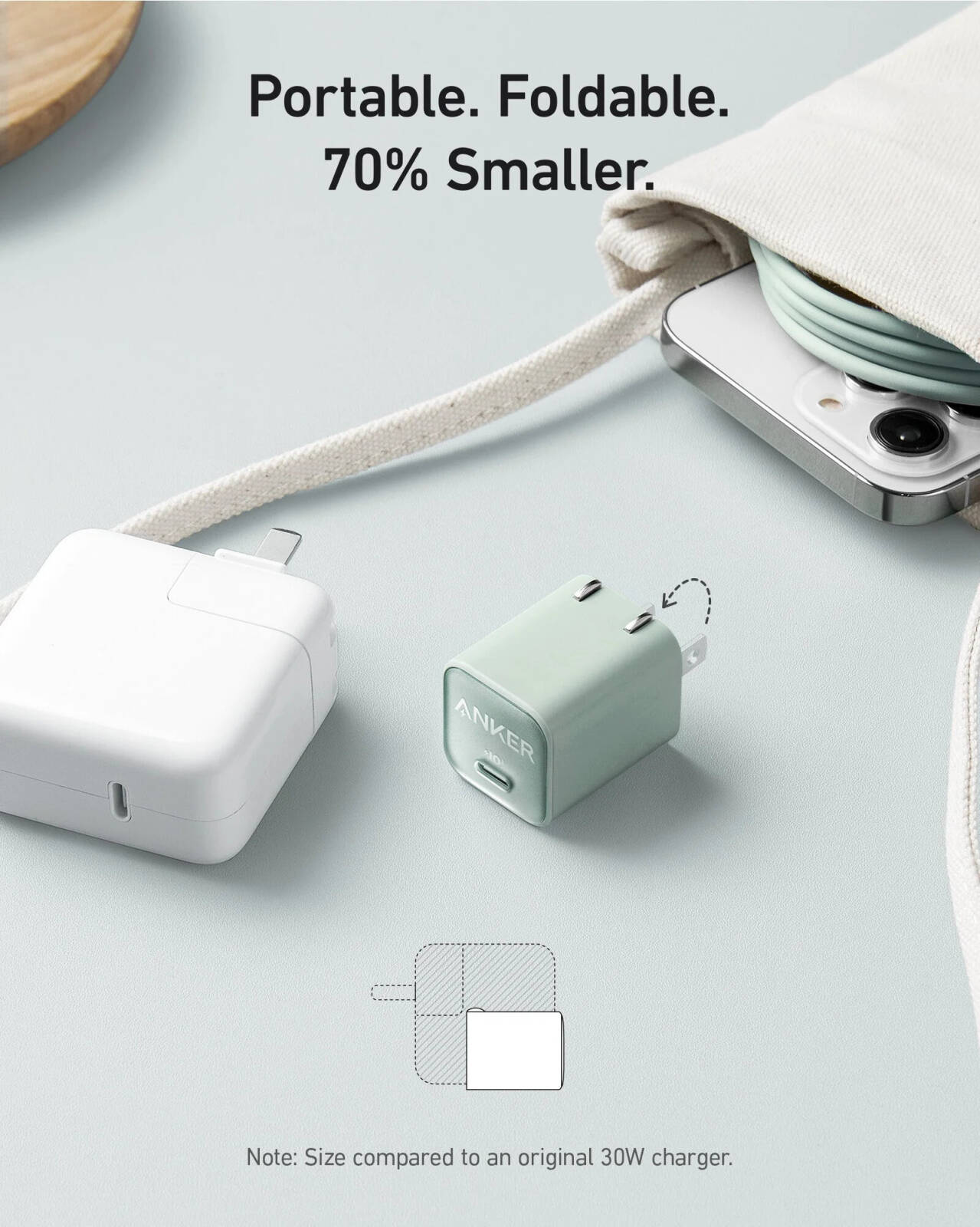 Anker Nano A2147 Charger, Up to 30W of Power Output, ActiveShield 2.0 Temperature Monitoring, Folding Plug, 1 x USB-C Port, Aurora White | A2147K21 thumbnail 3