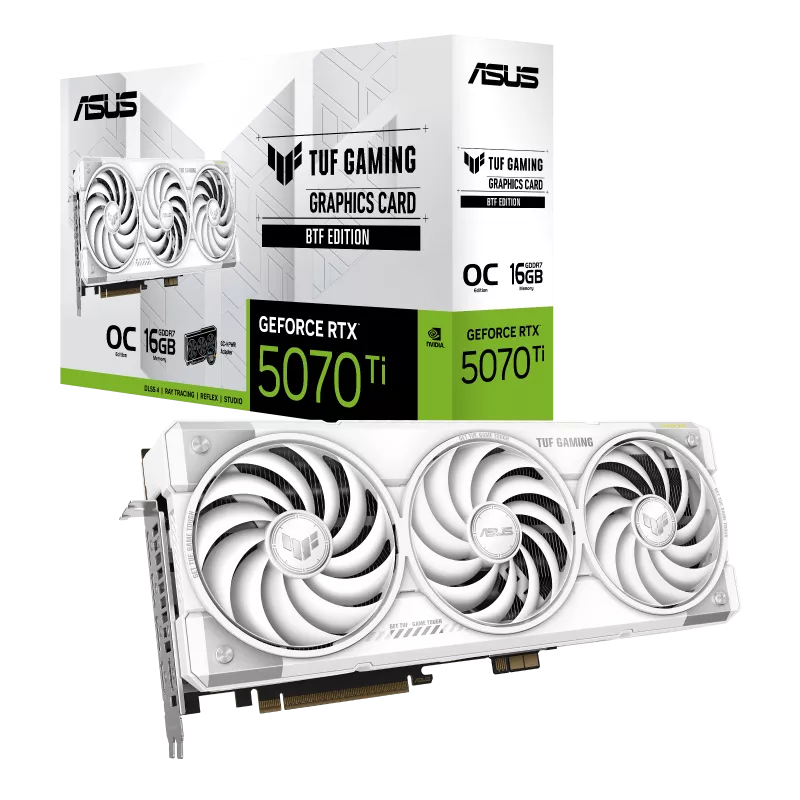 ASUS TUF Gaming GeForce RTX 5070 Ti 16GB GDDR7 White OC Edition Graphics Card, 8960 Cuda Core, 2588MHz Engine Clock, 1x 16-pin, 3.125 Slot, PCI Express 5.0 | 90YV0MD3-M0NA00 - Image 1