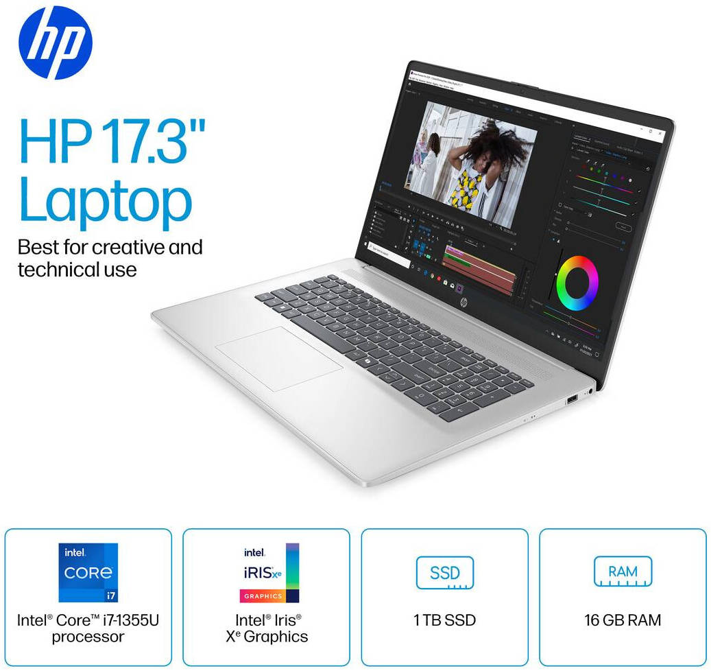 HP 17-cn3327dx Laptop, 17.3" FHD IPS LED Display, Intel Core i7-1355U Processor, 16GB RAM, 1TB SSD, Intel Iris Xe Graphics, English Keyboard, Windows 11 Home, Natural Silver | 17-cn3327dx thumbnail 3
