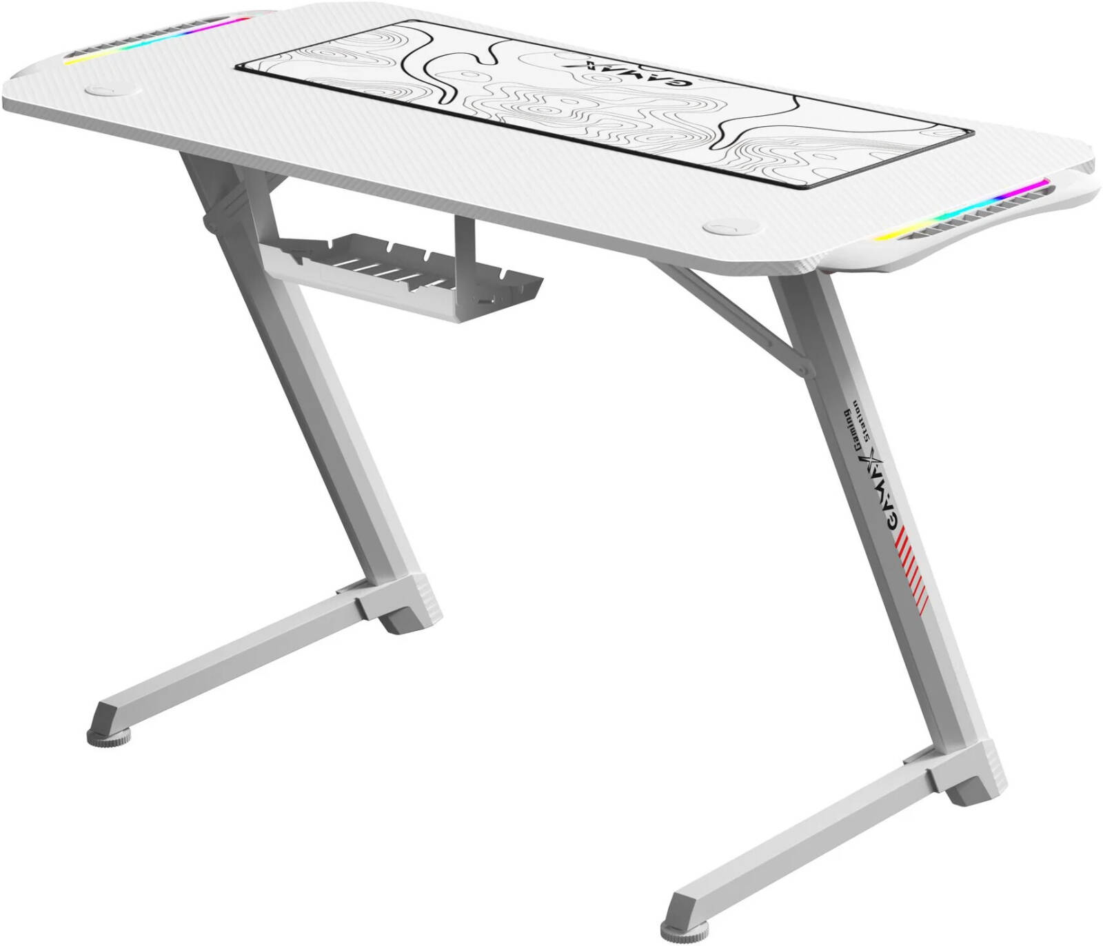 Gamax TD-03 Gaming Table, Built-In RGB Lighting, Height Adjustable, Cable Management, Cup Holder, Headphone Hook, Carbon Fibre, Steel Frame, MousePad, 110x60x75cm Size, White | TD-03 thumbnail 2