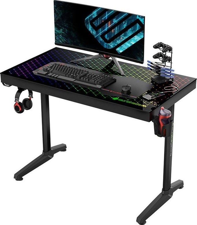Eureka Ergonomic 43" Tempered Glass Gaming Desk with RGB Lighting, Home Office Computer Desk New Polygon Legs Design, Free Controller Stand Cup Holder & Headphone Hook, Black | ERK-GTG-I43 thumbnail 2