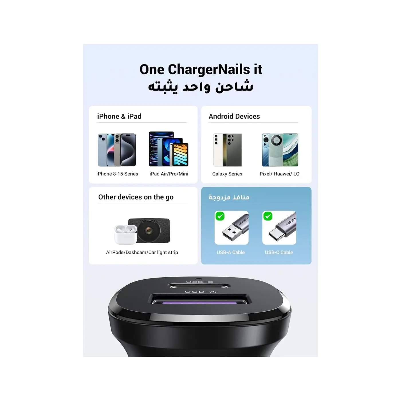 UGREEN 2-PORT 1A 1C 30W PD FAST CAR CHARGER GRAY thumbnail 4
