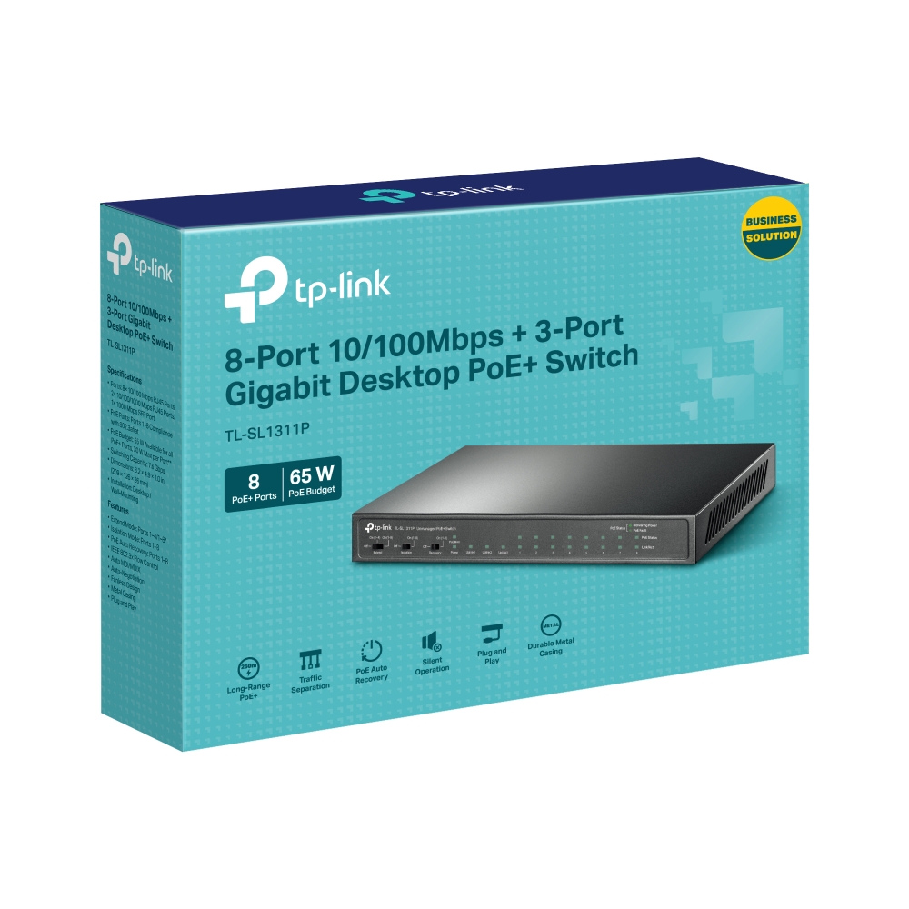 TP-Link 8-Port 10/100Mbps + 3-Port Gigabit Desktop Switch with 8-Port PoE+, 65W, Isolation Mode, PoE Auto Recovery, Fanless Design, Easy Smart Configuration, Long Range PoE, Black | TL-SL1311P thumbnail 7