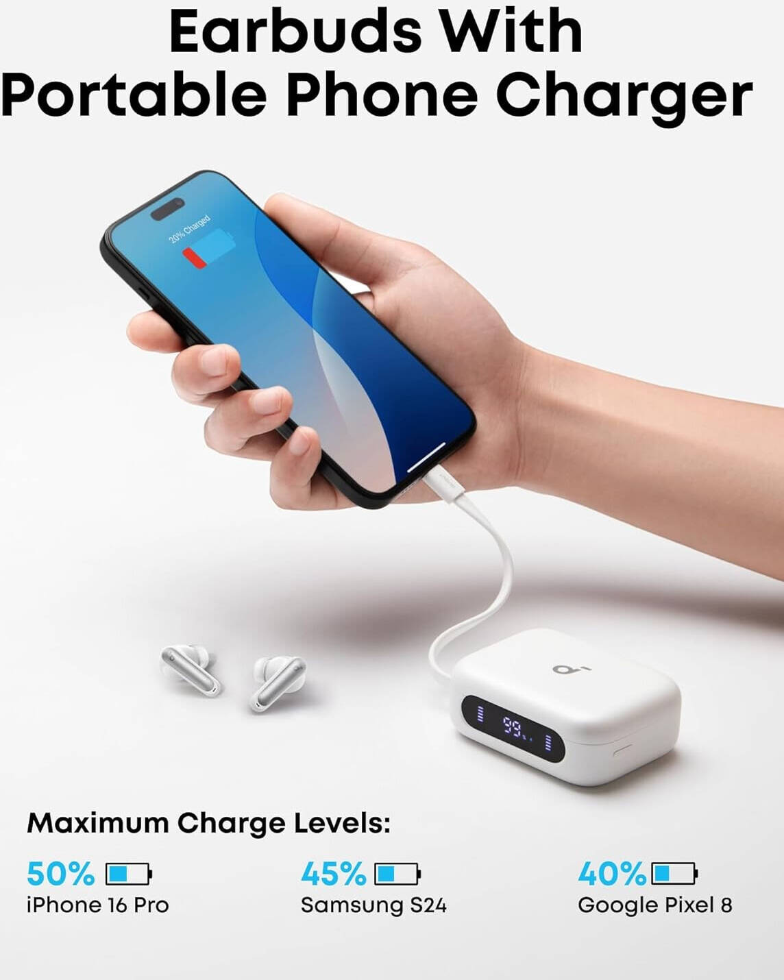 Anker Soundcore P41i Earbud, 11mm Composite Drivers, Adaptive Noise Cancelling, 6 Microphones, Built-in Phone Stand, Al Noise Reduction, 3000mAh Battery Capacity, White | P41i thumbnail 7