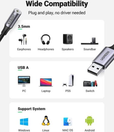 UGREEN CM477 USB To 3.5mm Audio Jack USB A Sound Card Adapter, Plug And Play, Superior Sound Quality, Up To 24bit/96Khz Sampling Rate, Low Noise | 30757 thumbnail 4