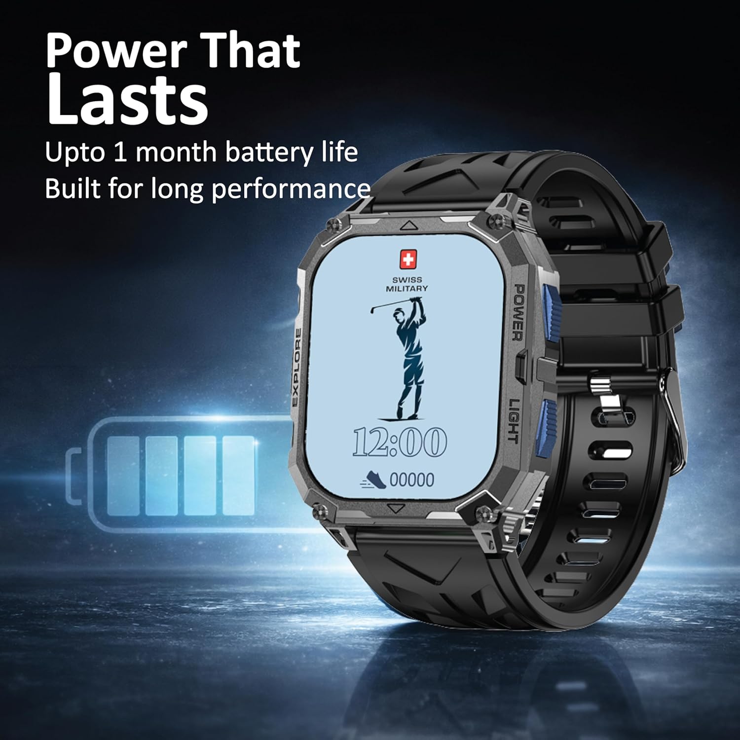 SWISS MILITARY ALPS SPORTS WATCH AMOLED ADVENTURE, BLUE BUTTON, GUN FRAME, BLACK SILVER STRAP thumbnail 3