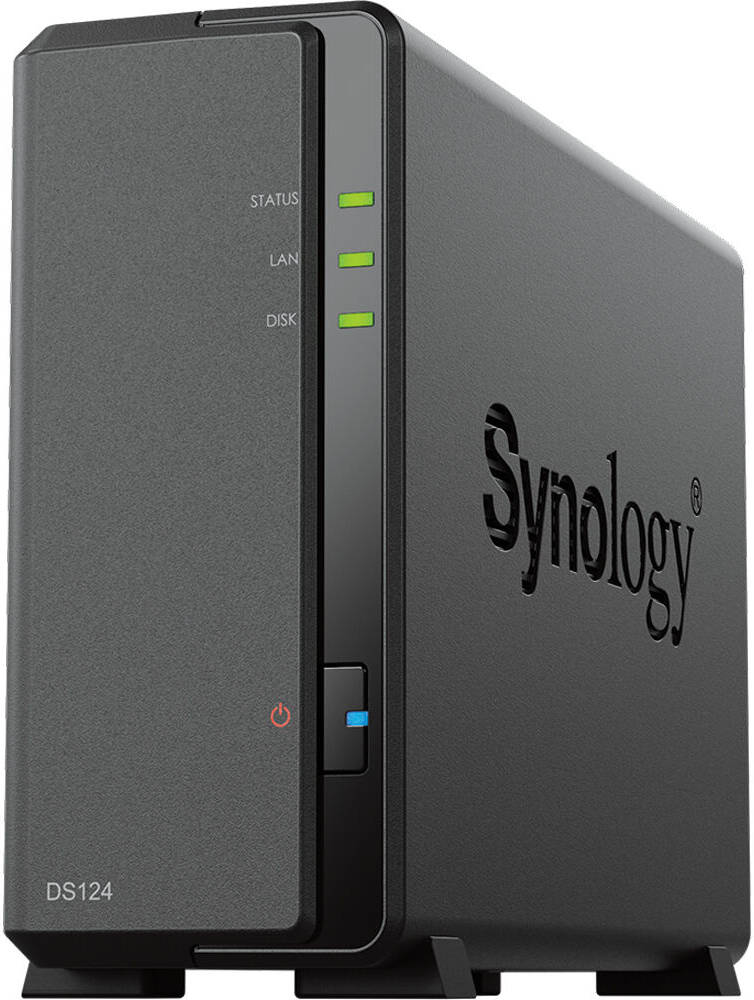 Synology DiskStation DS124 NAS Enclosure, 1.7 GHz Realtek RTD1619B Quad-Core, 1GB RAM, 60mm Cooling Fan, Hardware Encryption Engine, RAID Basic, Black | DS124 - Image 1