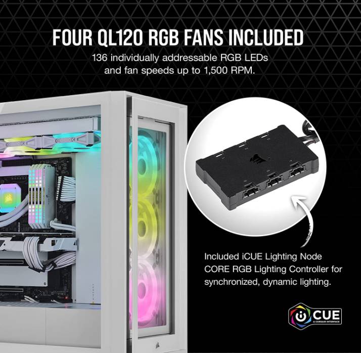 Corsair iCUE 5000X RGB QL Edition Mid Tower Case, Tempered Glass, 4 QL120 RGB Fans, Up To 360mm Radiator Support, Lighting Node Core, 136 Total RGB LEDs, White | CC-9011233-WW thumbnail 3