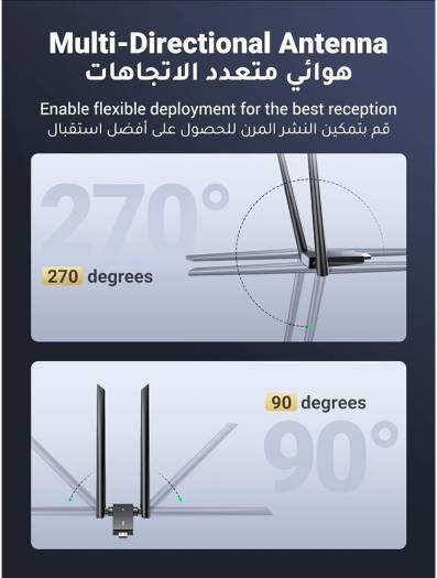 Ugreen AC1300 USB Wi-Fi Adapter, USB 3.0, 5dBi Dual Antennas, 2.4GHz/5GHz Up to 867Mbps, 5Gbps Data Transfer, WPA/WPA2/WEP Protection, Black | 50341 thumbnail 6