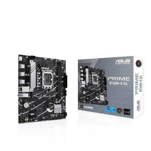 ASUS PRIME B760M-R D4 LGA 1700 mATX Motherboard, Intel B760 Chipset, 2x DIMM DDR4 Slot, 64GB Max Memory, 2x M.2 Slots, 1x PCIe 4.0 x16 Slot, 1x Realtek 2.5Gb Ethernet | 90MB1HA0-M0EAY0 - Image 1