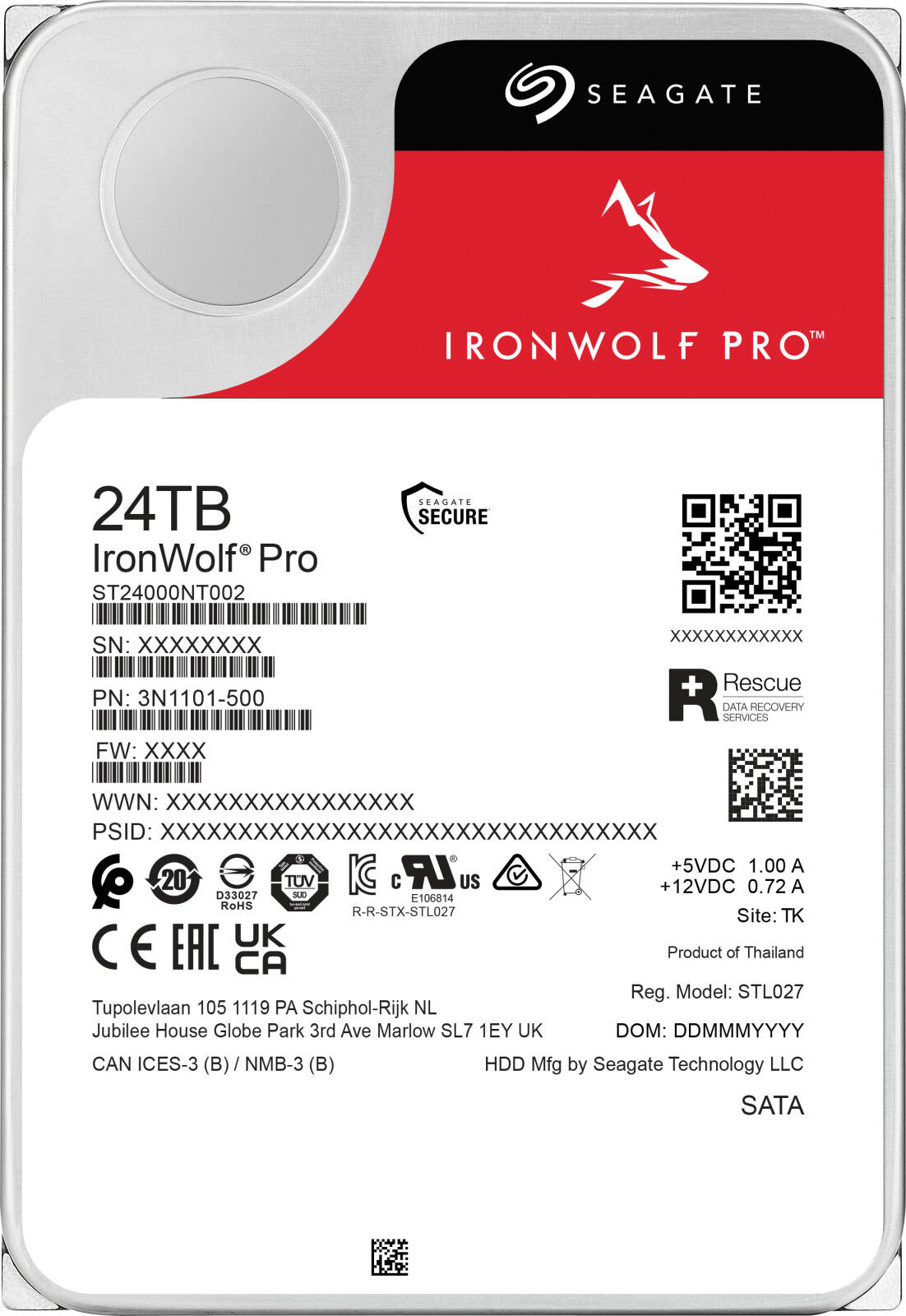 Seagate 24TB IronWolf Pro SATA III 3.5" Internal NAS HDD, 7200 rpm Speed, 512MB Cache, Up to 285 MB/s Data Transfer Rate, 2.5 Million Hours MTBF, Seagate Rescue Data Recovery | ST24000NT002 thumbnail 2
