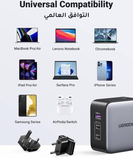 UGREEN Nexode GaN 65W Wall Charger, 65W Max Output, PD 3.0 & QC 4.0 Support, 2x USB-C & 1x USB-A Interface, US / EU / UK Plug, Wide Compatibility | 90409 thumbnail 3