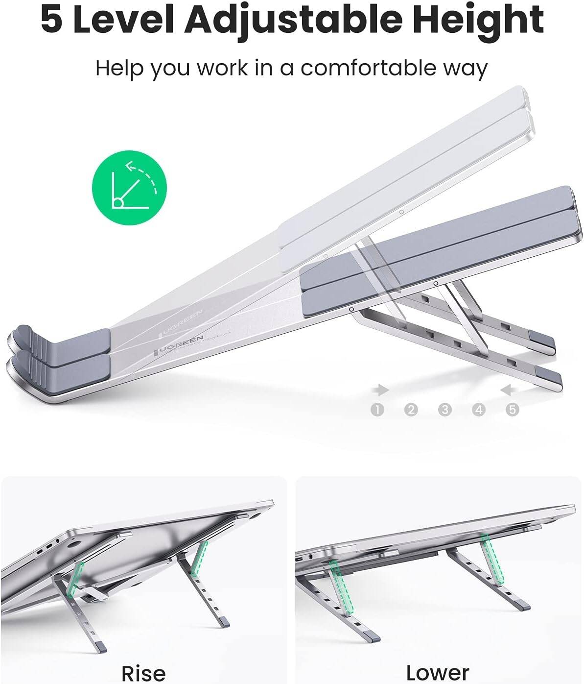 UGREEN Laptop Stand Aluminum Alloy Adjustable Laptop Stand Ergonomic Laptop Stand Portable Foldable Laptop Stand Laptop Holder Compatible with MacBook Pro / Air, Chromebook Matebook, Silver thumbnail 4