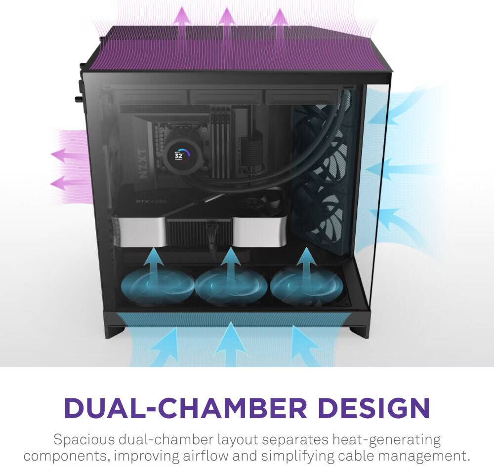 NZXT H9 Flow Dual-Chamber ATX Mid-Tower Case High-Airflow Design with Panoramic Tempered Glass, Supports Dual 360mm Radiators, Up to 10 Fans, E-ATX Compatibility, Black | CM-H92FB-01 thumbnail 6