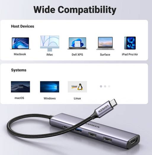 UGREEN 5-ni-1 USB-C Hub, 100W PD Charging, 1 USB3.0 2 USB2.0, USB Type C, HDMI Ports, 5Gbps USB-C Data Transfer Rate, Gray | 15495 thumbnail 3
